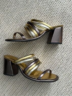 FARM Rio Metallic Multi-Strip Block Heel Sandals - Bronze & Gold